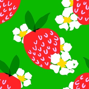 Strawberry Squared Grass Green Summer Fruit And Flowers Retro Modern Grandmillennial Garden Floral Botany Red, Green, Yellow And White Scandi Kitchen Repeat Pattern