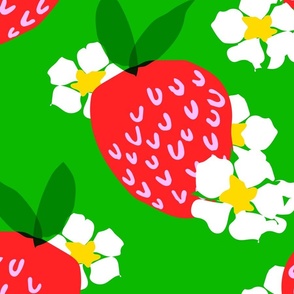 Strawberry Squared Grass Green Big Summer Fruit And Flowers Retro Modern Grandmillennial Garden Floral Botany Red, Green, Yellow And White Scandi Kitchen Repeat Pattern