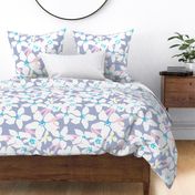 Orange Blossoms Big Tropical Lilac Purple And White Flower Blooms With Bright Lemon Yellow And Turquoise Blue Retro Modern Botanical Fruit Tree Grandmillennial Floral Pattern