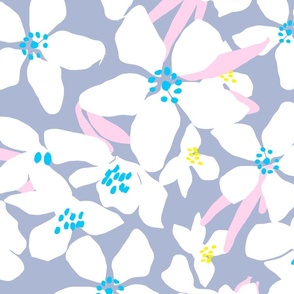Orange Blossoms Big Tropical Lilac Purple And White Flower Blooms With Bright Lemon Yellow And Turquoise Blue Retro Modern Botanical Fruit Tree Grandmillennial Floral Pattern