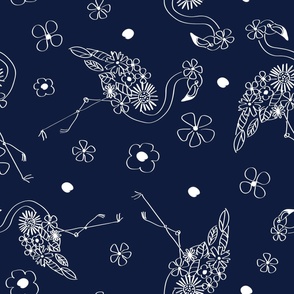 Hand-drawn Flamingo Flowers Navy Blue