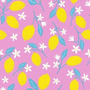 M. Juicy Bright Yellow Lemons and white flowers on Hot Pink