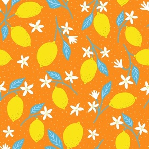 M. Juicy Bright Yellow Lemons and white flowers on vibrant textured orange
