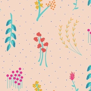 Modern Meadow of Flowers: Dainty Ditsy Floral Coordinate on Mellow Peach with blue dots, large