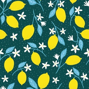 M. Juicy Bright Yellow Lemons and white flowers on vibrant textured dark teal