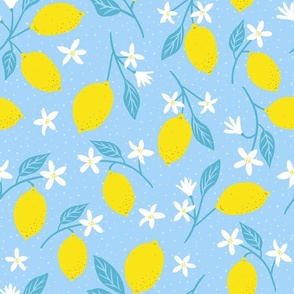 M. Juicy Bright Yellow Lemons and white flowers on vibrant textured light blue