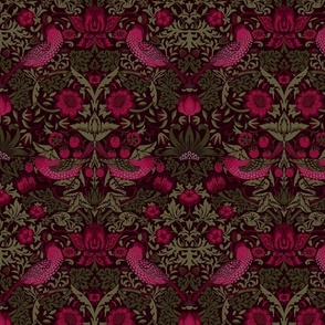 Strawberry Thief - LARGE 21"  - historical reconstructed damask moody floral wallpaper by William Morris -burgundy and sage dark green antiqued restored reconstruction  art nouveau art deco - linen effect