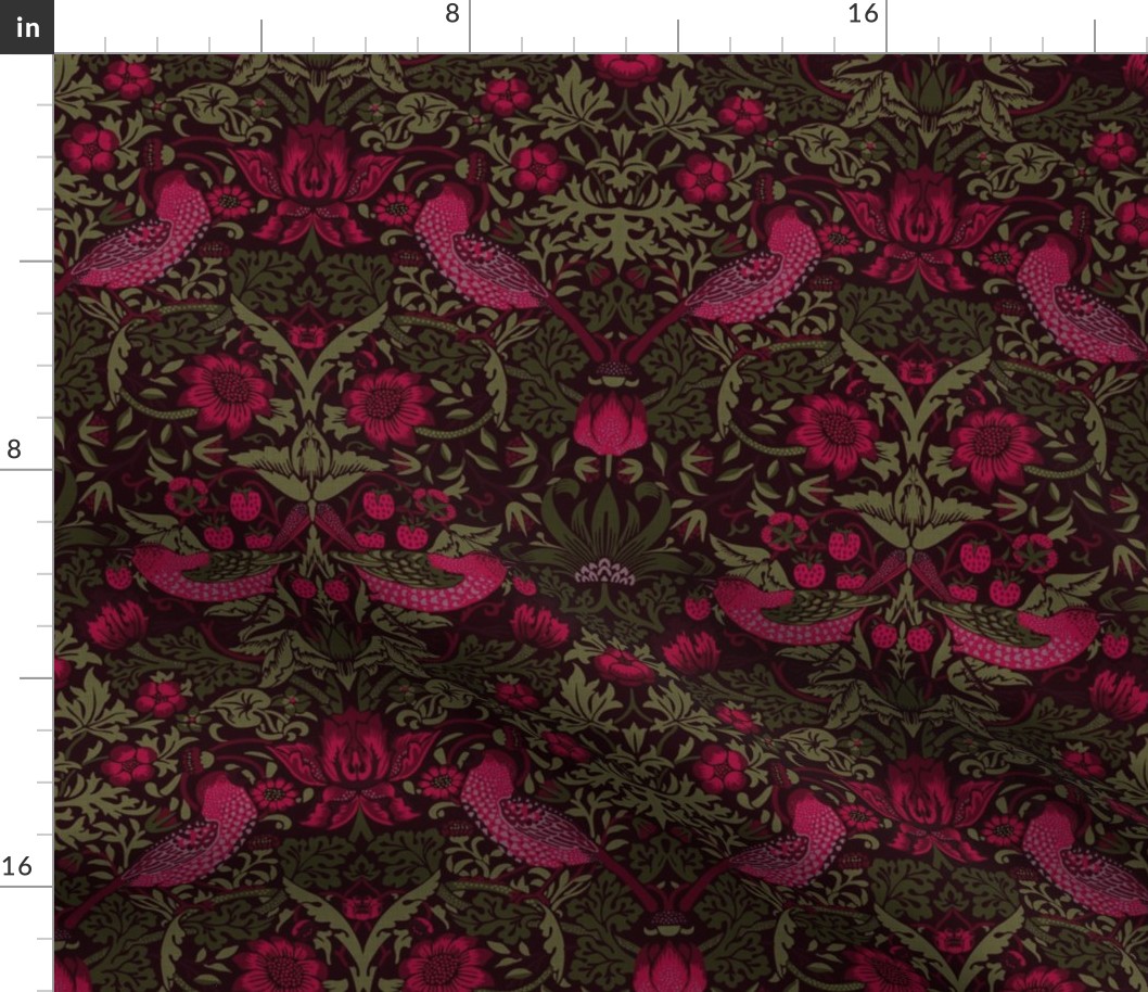 Strawberry Thief - LARGE 21"  - historical reconstructed damask moody floral wallpaper by William Morris -burgundy and sage dark green antiqued restored reconstruction  art nouveau art deco - linen effect