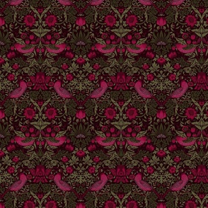 Strawberry Thief - MEDIUM 14"  - historical reconstructed damask moody floral wallpaper by William Morris -  burgundy and sage dark green antiqued restored reconstruction  art nouveau art deco - linen effect