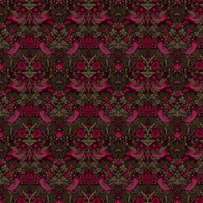 Strawberry Thief - SMALL 10"  - historical reconstructed damask moody floral wallpaper by William Morris -  burgundy and sage dark green antiqued restored reconstruction  art nouveau art deco - linen effect
