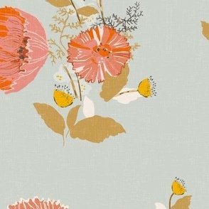 Apricot Poppy Vintage Farmhouse Floral on Seasalt Linen
