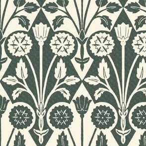 1910 Vintage Floral Harlequin Counterchange in Ivory and Textured Forest Green - Coordinate