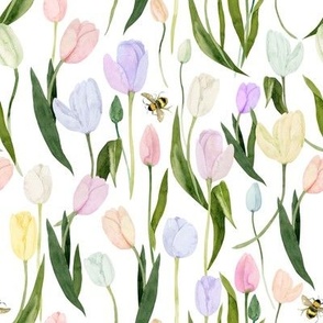 Watercolor Tulips and Bees
