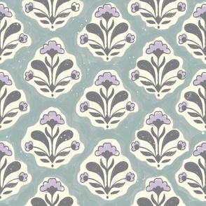 Block Print Floral  Lavender and Gray on Pale Blue 