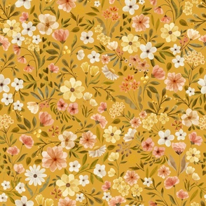 French Countryside Cottagecore Floral in yellow and coral - mustard background vintage wallpaper