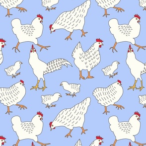 (L) Busy Chickens, Chicks and Rooster Dark Brown Line Art on Sky Blue