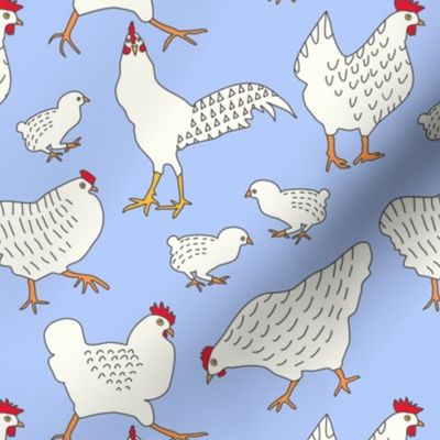 (M) Busy Chickens, Chicks and Rooster Dark Brown Line Art on Sky Blue