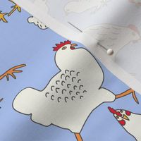 (M) Busy Chickens, Chicks and Rooster Dark Brown Line Art on Sky Blue