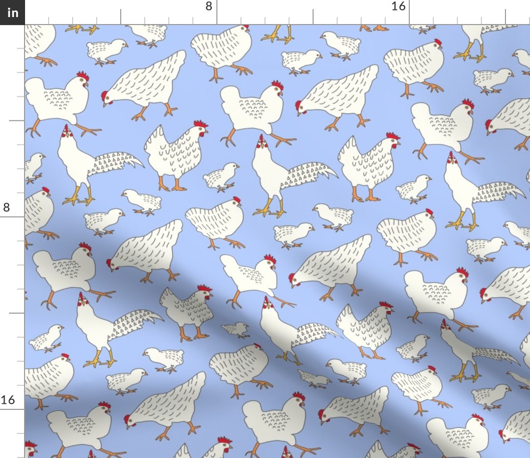 (M) Busy Chickens, Chicks and Rooster Dark Brown Line Art on Sky Blue
