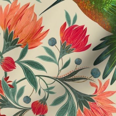 Dahlia and Hummingbird on Ivory - Recolored for Maria