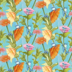 Frogs Frolicking in the Flowers-Turquoise