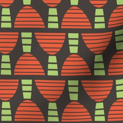 Orange and Green Block Print Mushroom on Dark Forest Brown Small Scale