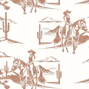 (large scale) Western Cowgirl Toile -  soft brown  - LAD24