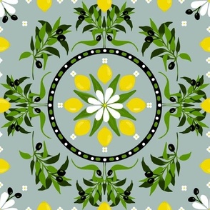 Lemon Blossom and Olive Tile on Sage Mist