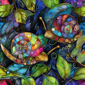 Watercolor Stained Glass Artistic Snails Slugs in Colorful Flowers
