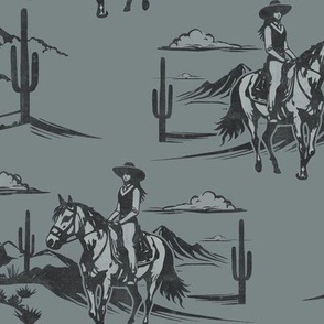 (large scale) Western Cowgirl Toile - blue/grey  - LAD24