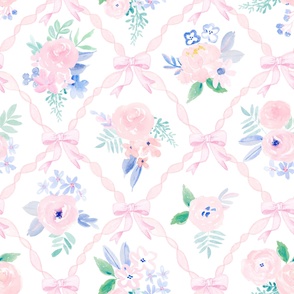 Preppy Grandmillennial Ribbonerie Trellis Floral Wallpaper