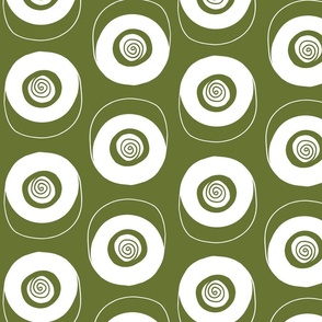 Hand drawn abstract doodle concentric spirals, white on olive green, in home decor, boy’s bedding, wallpaper