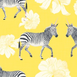 Painterly Zebras and White Peonies in watercolor on lemon yellow with linen texture (extra large/ jumbo scale) 