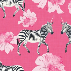 Painterly Zebras and Pink Peonies in watercolor on fuchsia by hand (extra large/ jumbo scale) 