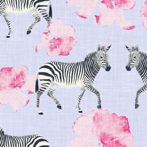 Painterly Zebras and Pink Peonies in watercolor on light blue with linen texture (extra large/ jumbo scale) 