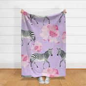 Painterly Zebras and Pink Peonies in watercolor on Mauve with linen texture (extra large/ jumbo scale) 