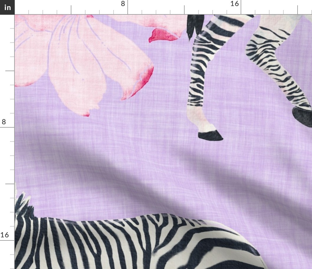 Painterly Zebras and Pink Peonies in watercolor on Mauve with linen texture (extra large/ jumbo scale) 