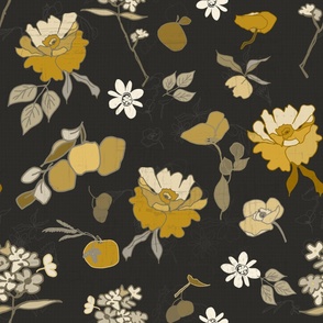 Golden Yellow Beige Floral on Dark Charcoal Black - jumbo size