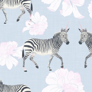 Painterly Zebras and White Peonies in watercolor on baby blue with linen texture (extra large/ jumbo scale) 