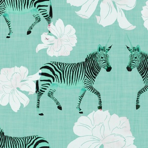 Painterly Zebras and white Peonies in watercolor on teal with linen texture (extra large/ jumbo scale) 