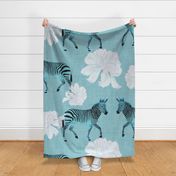 Painterly Zebras and White Peonies in watercolor on denim blue with linen texture (extra large/ jumbo scale) 