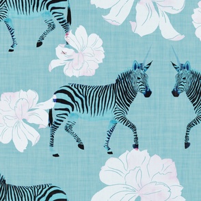 Painterly Zebras and White Peonies in watercolor on denim blue with linen texture (extra large/ jumbo scale) 