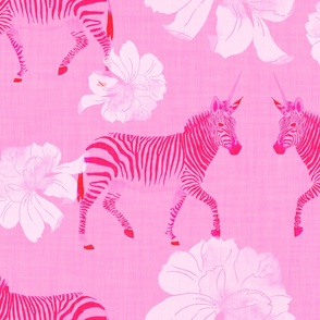 Painterly Zebras and bright pink Peonies in watercolor on fuchsia with linen texture (extra large/ jumbo scale) 