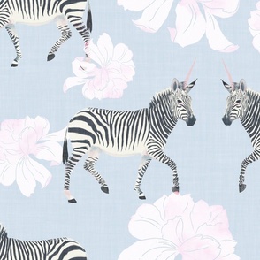 Painterly Zebras and white Peonies in watercolor on baby blue with linen texture (large scale) 