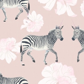 Painterly Zebras and Pink Peonies in watercolor on beige with linen texture (large scale) 