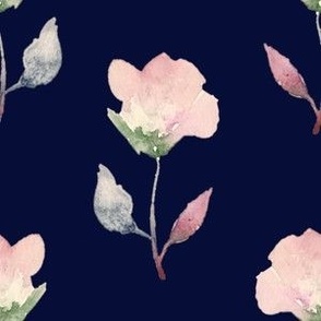 6" Pink Flowers on Navy Blue / Watercolor