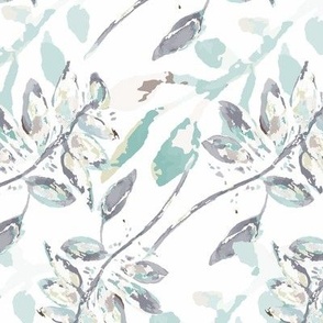 Watercolor Painted Overlapping Leaves In Soft Blue Teal And Gray On White Medium Scale