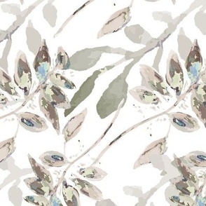 Watercolor Painted Overlapping Leaves In Soft Taupe And Sage Medium Scale