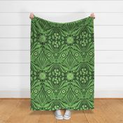 Large Scale // Decorative Botanical Abstract Hand-drawn Design - Lime Green on  Forest Green