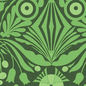 Large Scale // Decorative Botanical Abstract Hand-drawn Design - Lime Green on  Forest Green